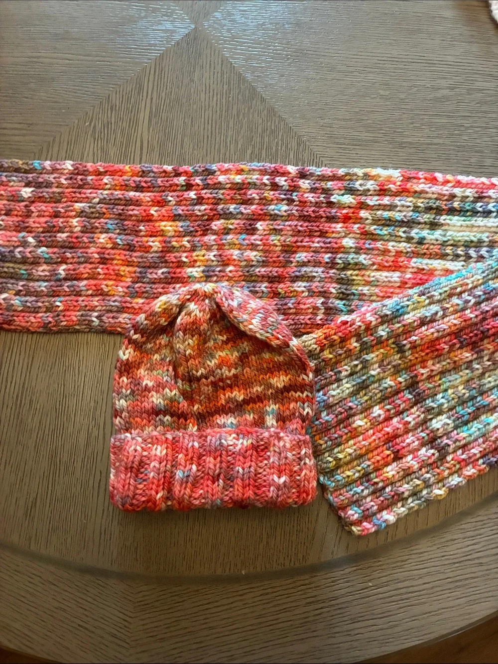 New Hand Crocheted Kids Multicolor Knit Hat & Scarf Set - Pink Accent Gift set